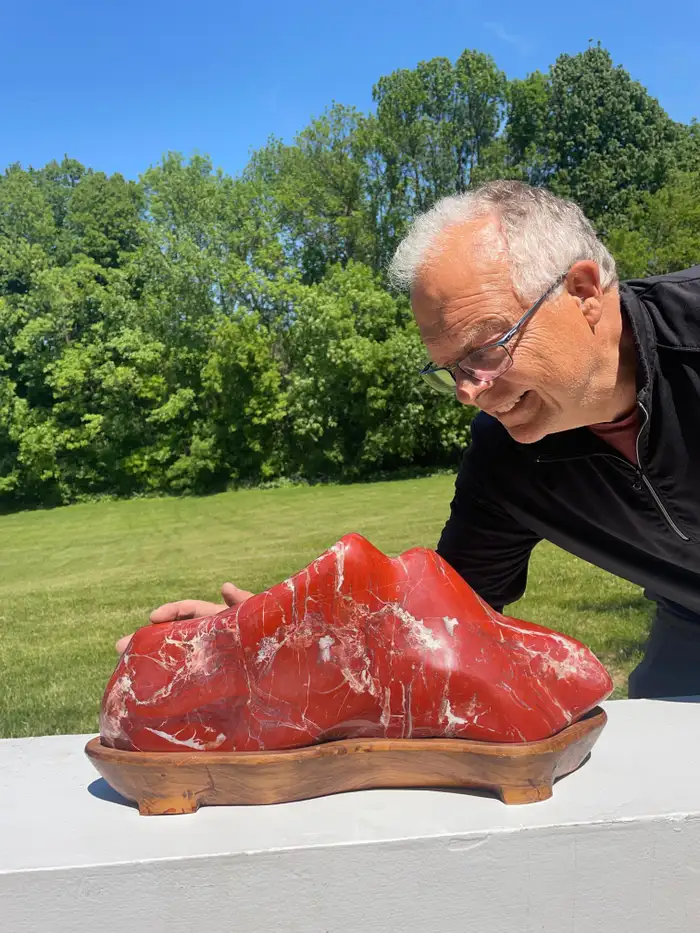 Want more images or videos? Request additional images or videos from the seller Contact Seller Fine Large Brilliant Red "Twin Peaks" Mountain Scholar Rock Suiseki For Sale 21 of 22 Fine Large Brilliant Red "Twin Peaks" Mountain Scholar Rock Suiseki