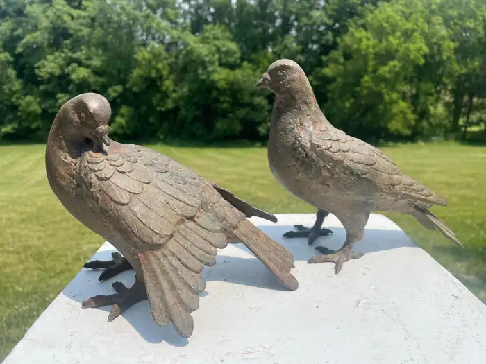 Japanese Stunning Antique Hand Cast Pair Bronze Pigeons, Beautiful Details
