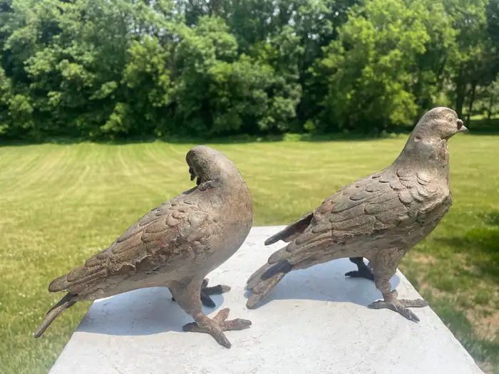 Japanese Stunning Antique Hand Cast Pair Bronze Pigeons, Beautiful Details