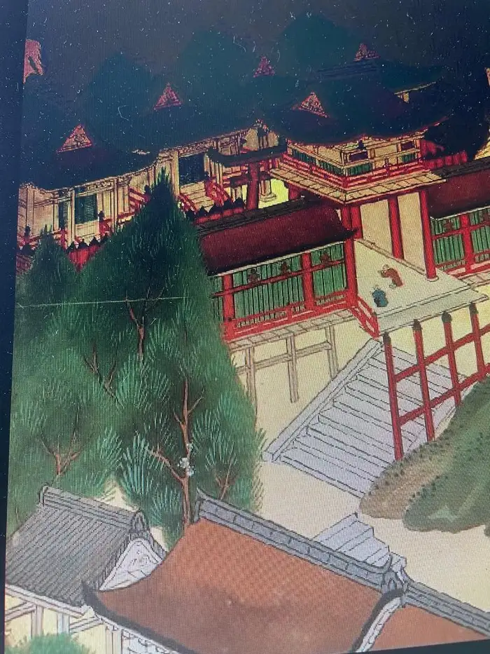 Japanese Antique Stunning Hand Painted Green Gardens, Pagodas, Lanterns Screen