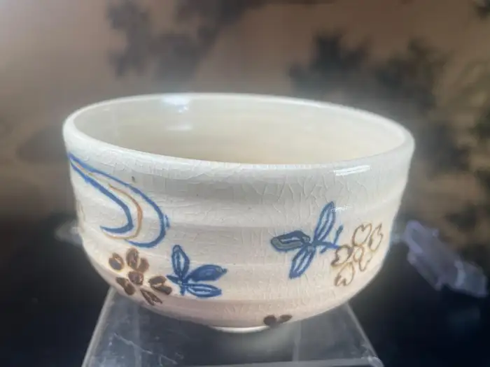 Japanese Fine Summer Flowers Tea Bowl, Hand Built, Hand Glazed & Signed