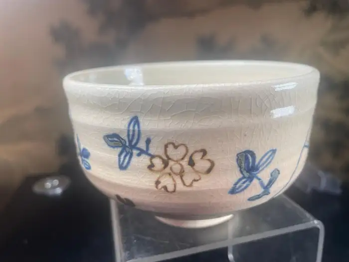Japanese Fine Summer Flowers Tea Bowl, Hand Built, Hand Glazed & Signed