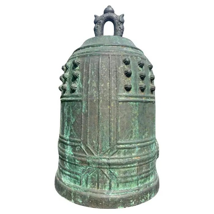 Japanese Big Old Signed Bronze Temple Bell with Bold Sound, 17.5 Inches