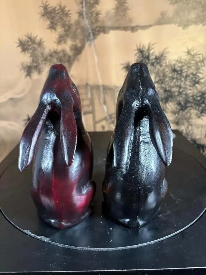 Japan Pair Tall Red And Black Ebony "Moon Gazing" Rabbits , Fine Details