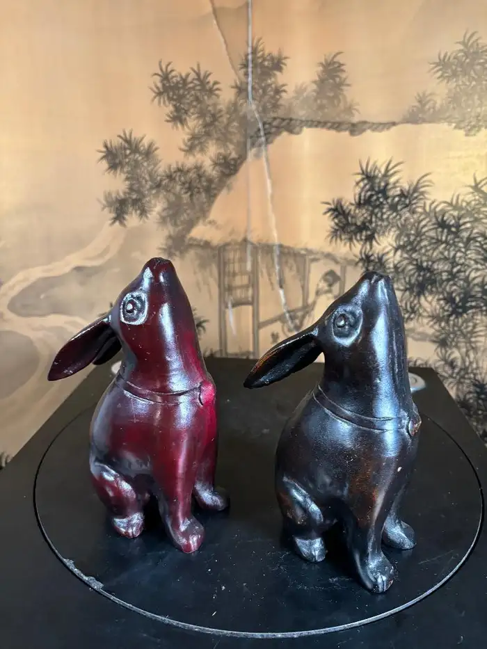 Japan Pair Tall Red And Black Ebony "Moon Gazing" Rabbits , Fine Details