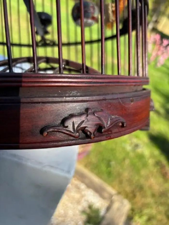 Chinese Complete Antique Handcarved Wood and Porcelain Bird Cage, Fine Details