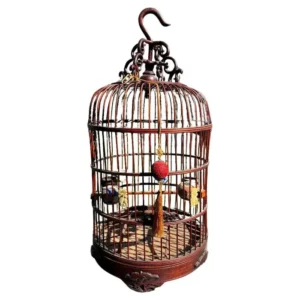 Chinese Complete Antique Handcarved Wood and Porcelain Bird Cage, Fine Details