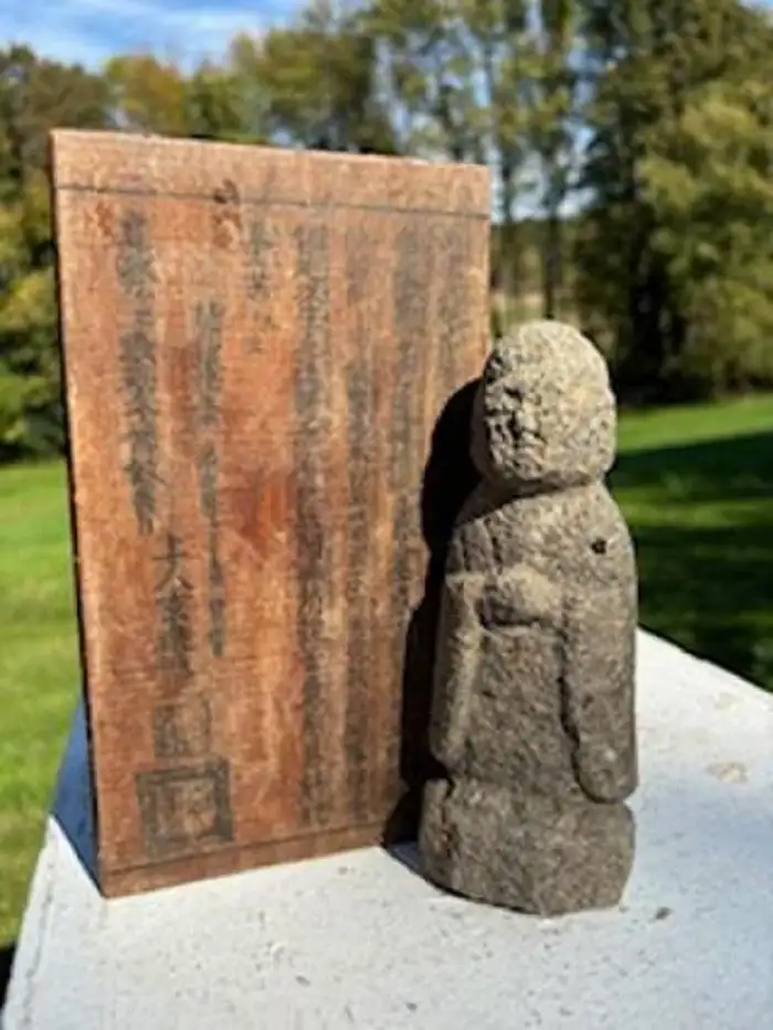 Japanese Antique Children Spiritual Guardian Stone Jizo with signed box tomobako