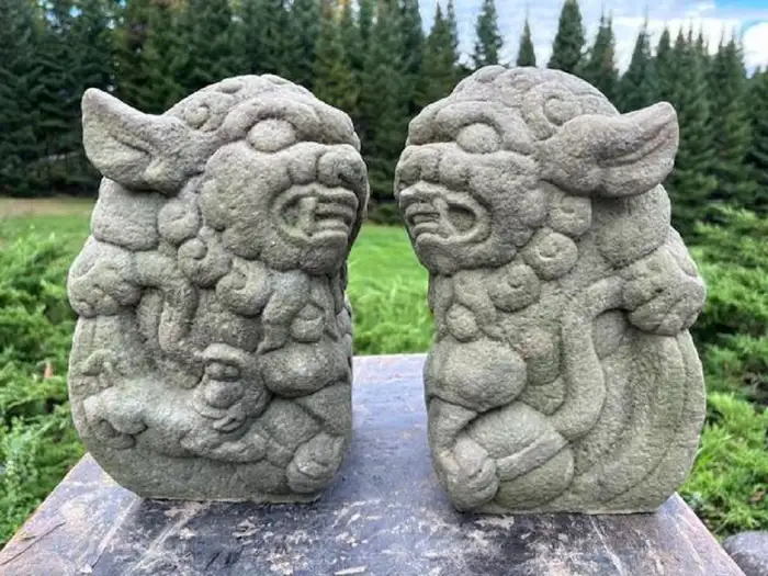 Japanese Antique Stone Guardians "Komainu" Hand carved Pair
