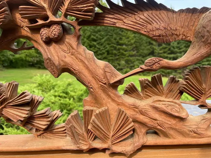 Japanese Fine Hand Carved Pair Flying Cranes With Trees Ranma Screen