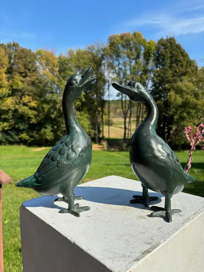 Japan Large Antique Cast Pair Garden Ducks, Beautiful Details