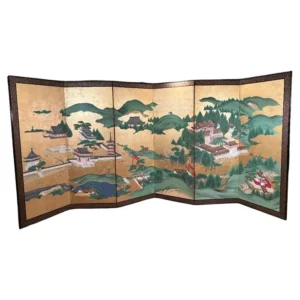 Japanese Antique Stunning Hand Painted Green Gardens, Pagodas, Lanterns Screen