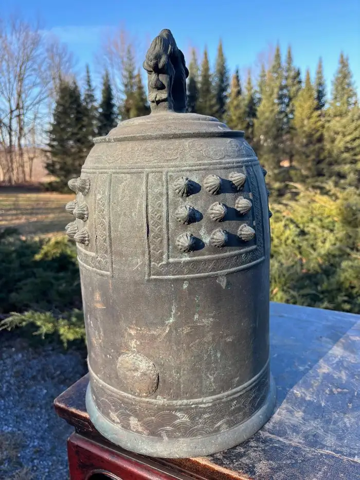 Want more images or videos? Request additional images or videos from the seller Contact Seller Japan Beautiful Large Antique Bronze Temple Bell Emits Bold Pleasing Sound For Sale 16 of 17 Japan Beautiful Large Antique Bronze Temple Bell Emits Bold Pleasing Sound