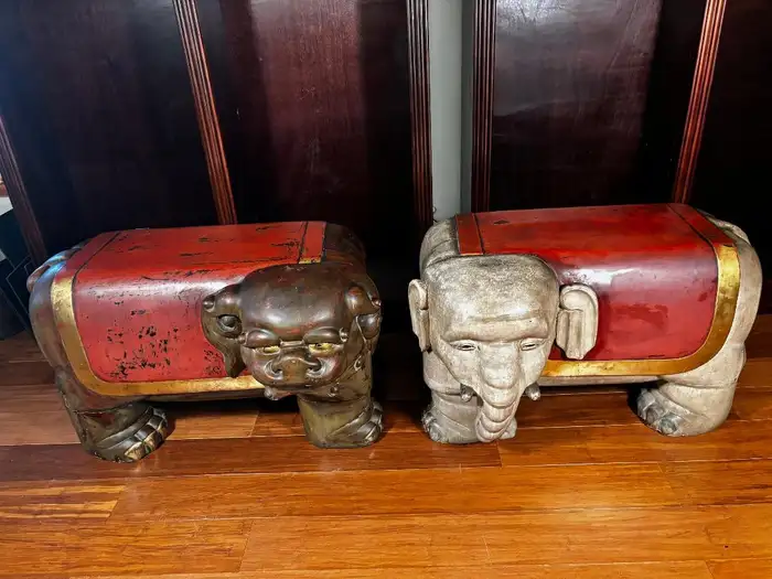 Japanese Antique Pair Red Lacquer And Gilt Elephant & Lion Temple Benches 1925
