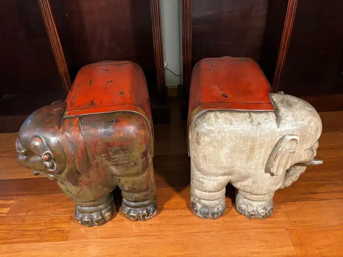Japanese Antique Pair Red Lacquer And Gilt Elephant & Lion Temple Benches 1925