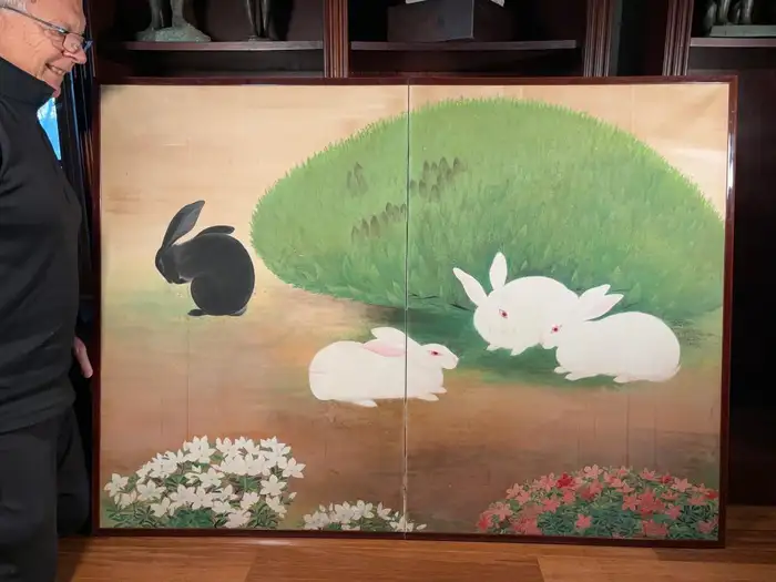Japanese Antique Playful Rabbit Family Amidst Flowers Two Panel Screen