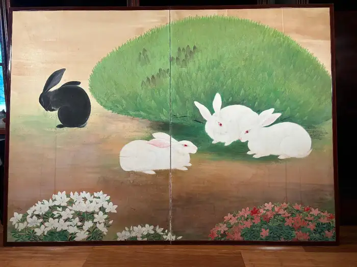 Japanese Antique Playful Rabbit Family Amidst Flowers Two Panel Screen